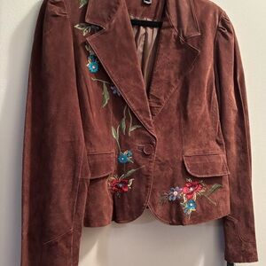 Brown Blazer with Colorful Embroidery and Tailored Silhouette